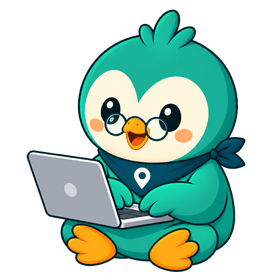 Roamio wearing round glasses, working at a laptop beside a glowing gear