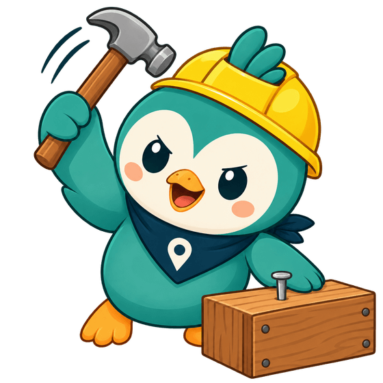 Roamio the penguin in a hard hat, swinging a hammer at a nail in a block of wood