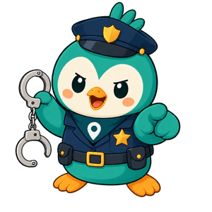 Roamio in a police uniform, holding handcuffs and pointing straight at you